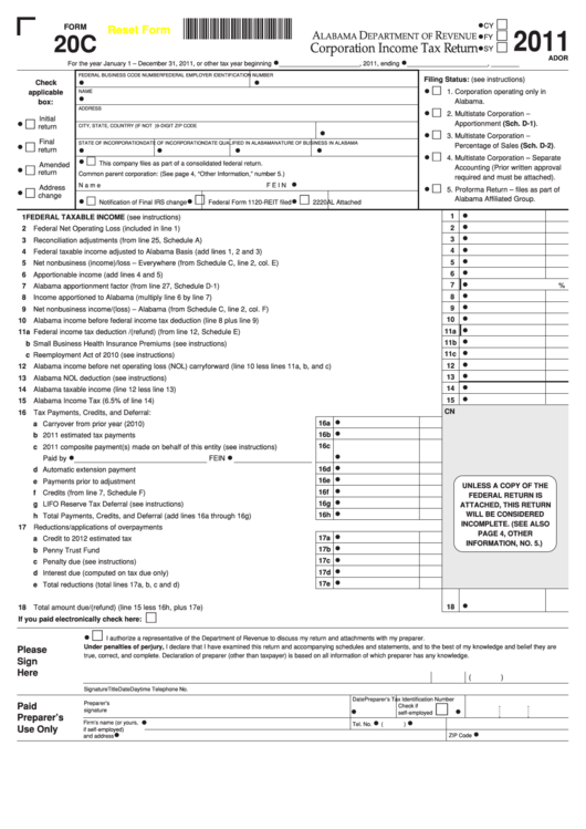 Fillable Form 20c - Corporation Income Tax Return - 2011 Printable pdf