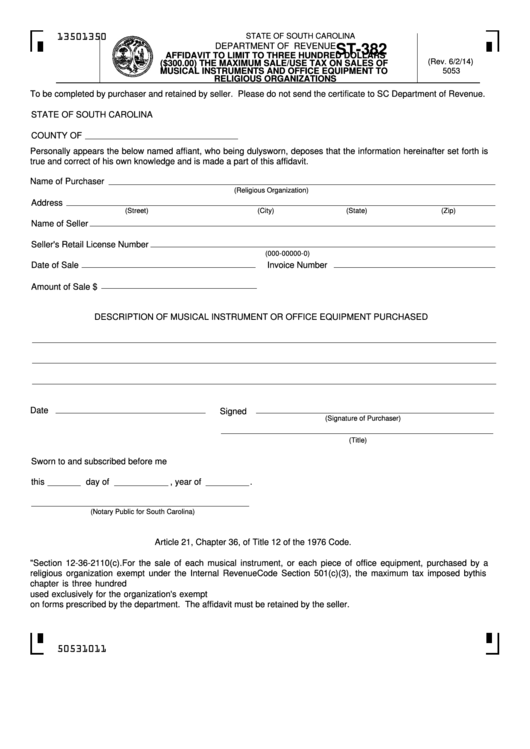 Form St-382 - Affidavit To Limit To Three Hundred Dollars The Maximum Sale/use Tax On Sales Of Musical Instruments And Office Equipment To Religious Organizations Printable pdf