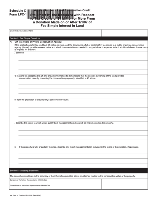 Fillable Form Lpc-1 - Schedule C - Application For A Land Preservation Credit Statement By The Recipient With Respect To Tax Credits Of 1 Million Dollars Or More From A Donation Made On Or After 1/1/07 Of Fee Simple Interest In Land Printable pdf