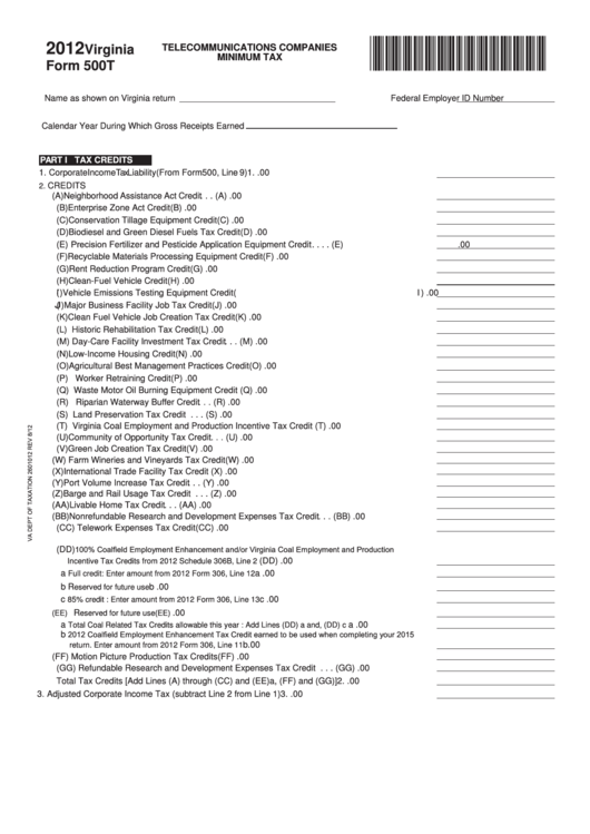 Fillable Virginia Form 500t - Telecommunications Companies Minimum Tax - 2012 Printable pdf
