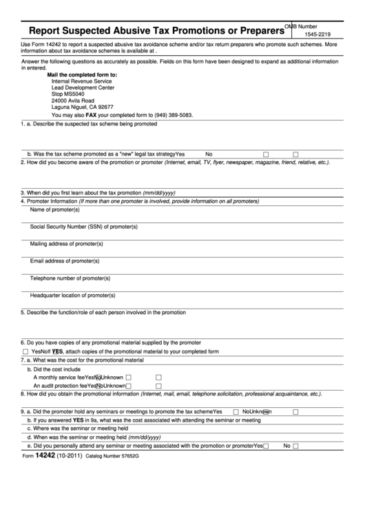 Fillable Form 14242 - Report Suspected Abusive Tax Promotions Or Preparers Printable pdf