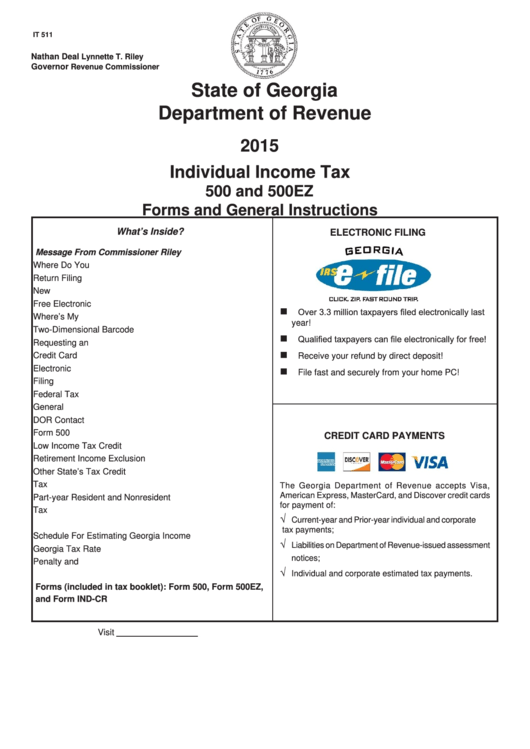 Form It 511 - Individual Income Tax 500 And 500ez Forms And General Instructions - 2015 Printable pdf