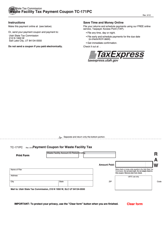 Fillable Form Tc-171pc - Payment Coupon For Waste Facility Tax Printable pdf