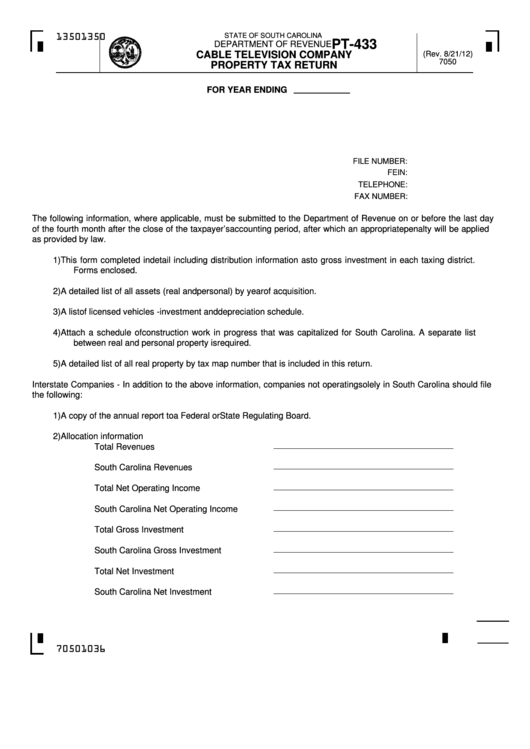 Form Pt-433 - Cable Television Company Property Tax Return Printable pdf