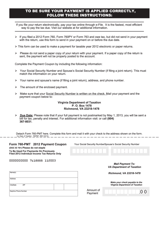 Fillable Form 760-Pmt - Payment Coupon - 2012 Printable pdf