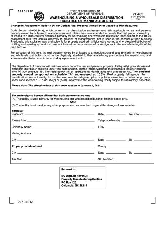 Form Pt-465 - Warehousing & Wholesale Distribution Facilities Of Manufacturers Printable pdf