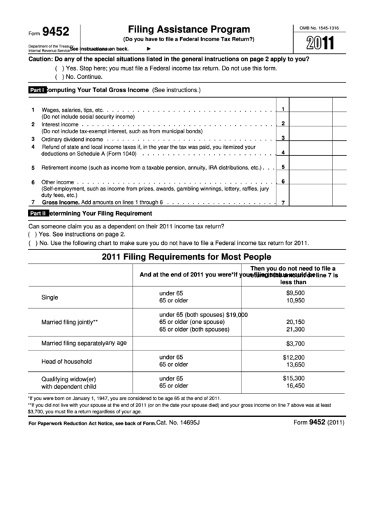 Fillable Form 9452 - Filing Assistance Program - 2011 Printable pdf