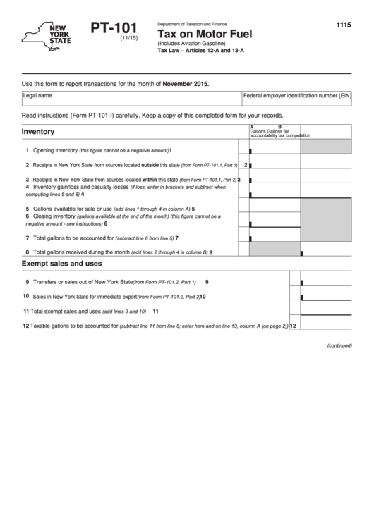 Form Pt-101 - Tax On Motor Fuel (Includes Aviation Gasoline) Printable pdf