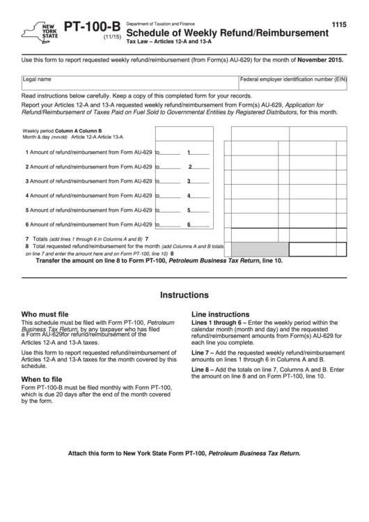 Form Pt-100-B - Schedule Of Weekly Refund/reimbursement Printable pdf