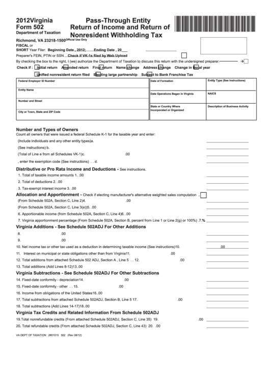 Fillable Virginia Form 502 - Pass-Through Entity Return Of Income And Return Of Nonresident Withholding Tax - 2012 Printable pdf