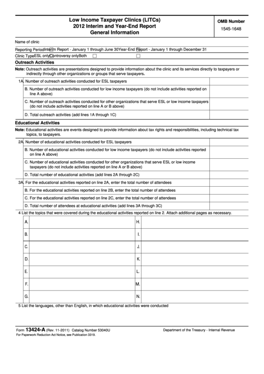 Fillable Form 13424-A - Low Income Taxpayer Clinics (Litcs) 2012 Interim And Year-End Report General Information Printable pdf