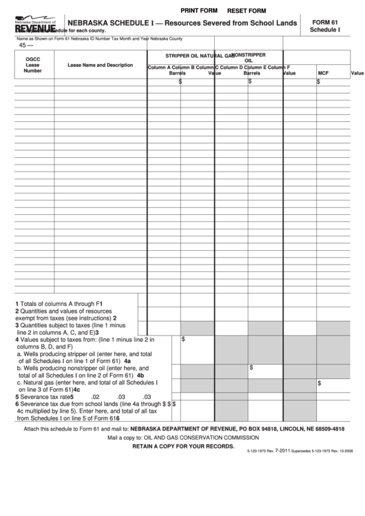 Fillable Form 61 - Nebraska Schedule I - Resources Severed From School Lands Printable pdf