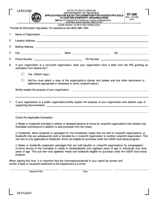 Form St-396 - Application For Sales Tax Exemption For Foodstuffs Sold To Certain Nonprofit Organizations Printable pdf