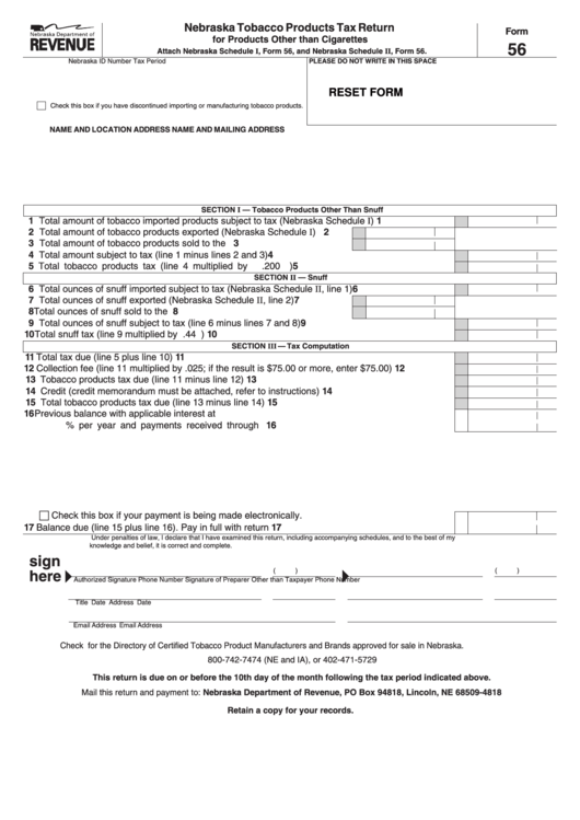Fillable Form 56 - Nebraska Tobacco Products Tax Return For Products Other Than Cigarettes Printable pdf