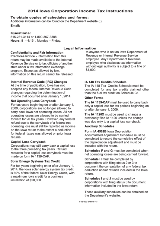 Iowa Corporation Income Tax Instructions - 2014 Printable pdf