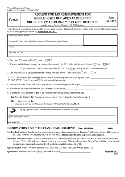 Fillable Vermont Form Mh-302 - Request For Tax Reimbursement For Mobile Homes Replaced As Result Of One Of The 2011 Federally Declared Disasters Printable pdf