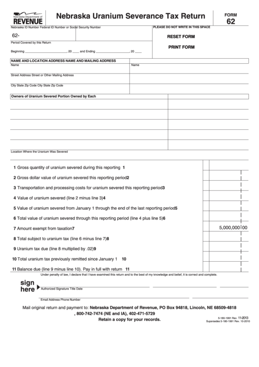 Fillable Form 62 - Nebraska Uranium Severance Tax Return Printable pdf