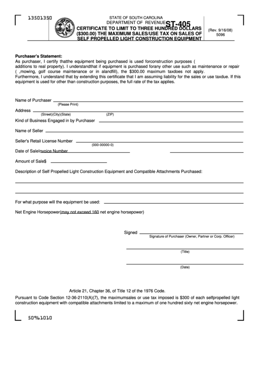 Form St-405 - Certificate To Limit To Three Hundred Dollars The Maximum Sales/use Tax On Sales Of Self Propelled Light Construction Equipment Printable pdf