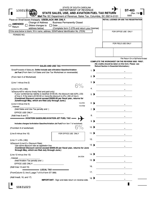 Form St-403 - State Sales, Use, And Aviation Fuel Tax Return Printable pdf