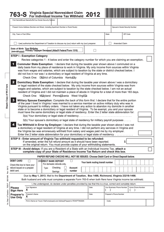 Fillable Form 763-S - Virginia Special Nonresident Claim For Individual Income Tax Withheld - 2012 Printable pdf