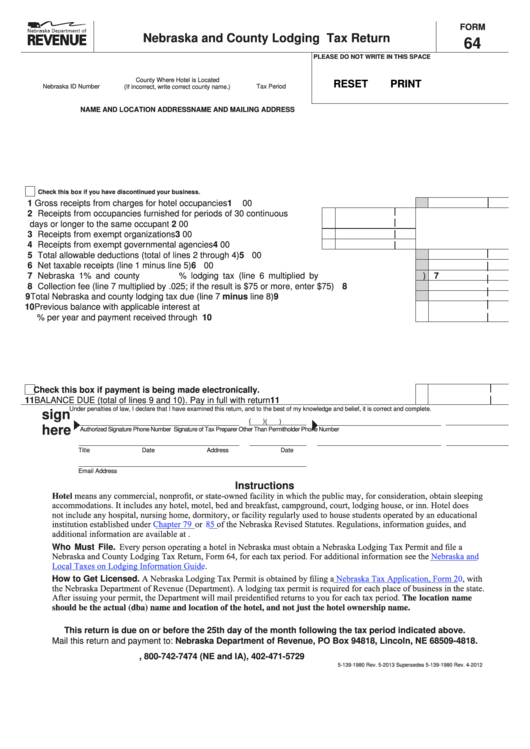 Fillable Form 64 - Nebraska And County Lodging Tax Return Printable pdf