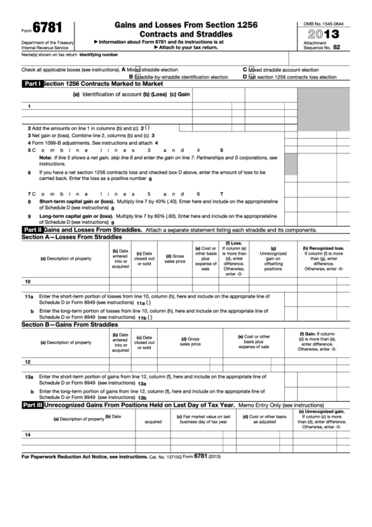 Fillable Form 6781 - Gains And Losses From Section 1256 - Contracts And Straddles - 2013 Printable pdf