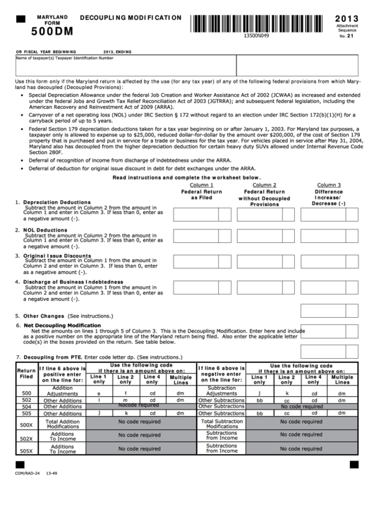 Fillable Maryland Form 500dm - Decoupling Modification - 2013 Printable pdf