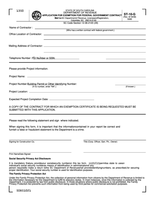 Form St-10-G - Application For Exemption For Federal Government Contract Printable pdf