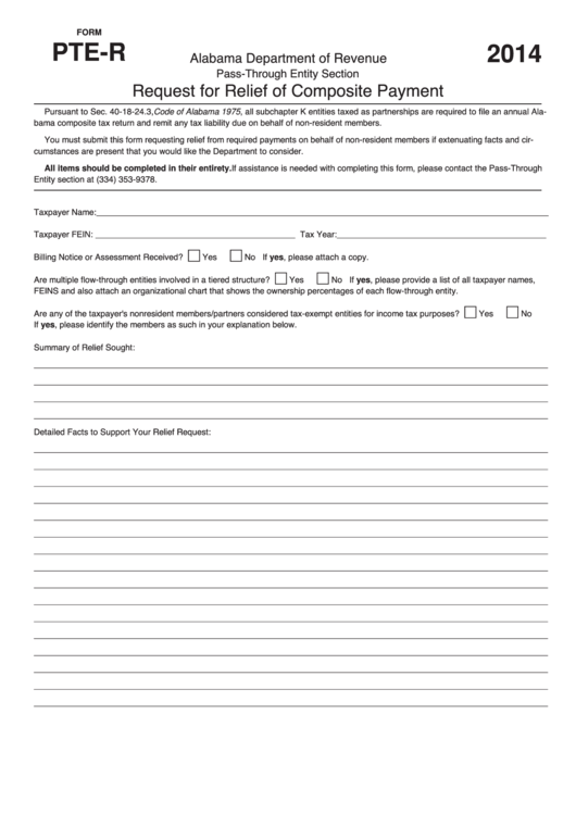 Fillable Form Pte-R - Alabama Request For Relief Of Composite Payment - 2014 Printable pdf