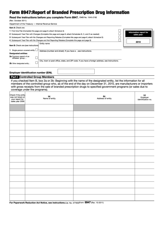 Fillable Form 8947 - Report Of Branded Prescription Drug Information Printable pdf