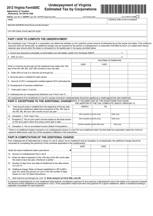 Fillable Virginia Form 500c - Underpayment Of Virginia Estimated Tax By Corporations - 2012 Printable pdf