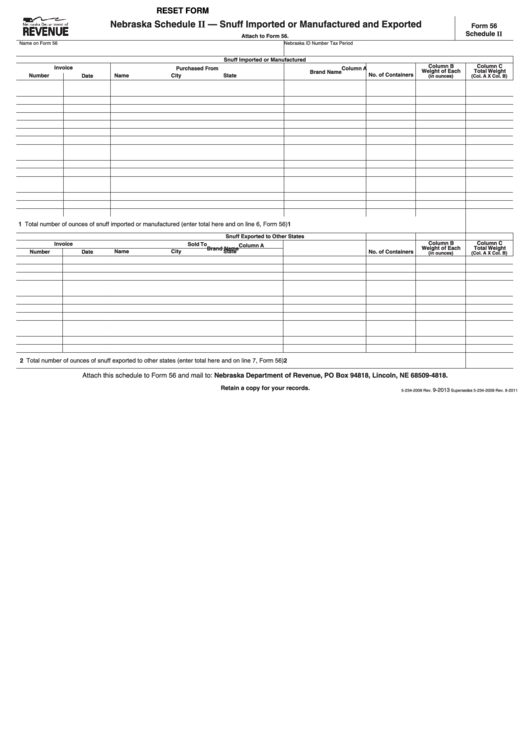 Fillable Form 56 - Nebraska Schedule Ii - Snuff Imported Or Manufactured And Exported Printable pdf