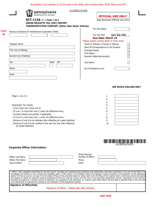 Fillable Form Rct-113a - Gross Receipts Tax (Grt) Report - Transportation Company (Other Than Motor Vehicle) Printable pdf