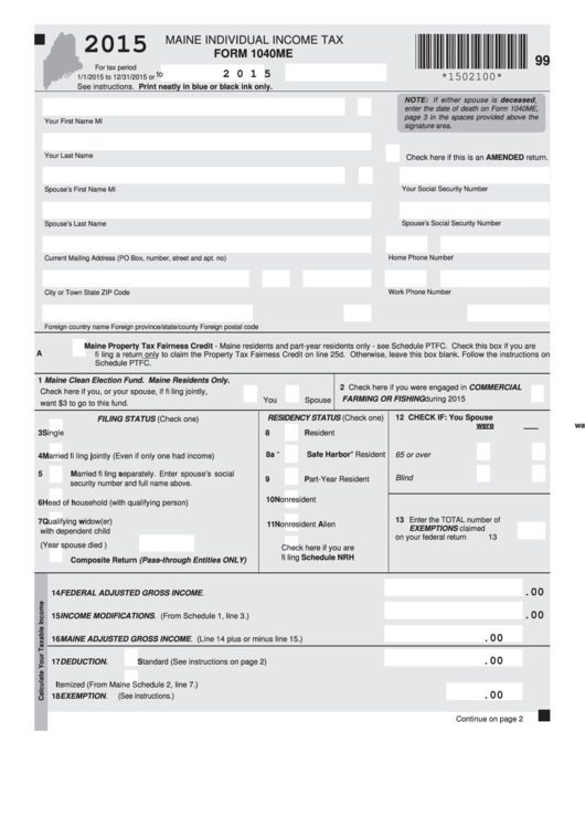 Form 1040me - Maine Individual Income Tax - 2015 Printable pdf