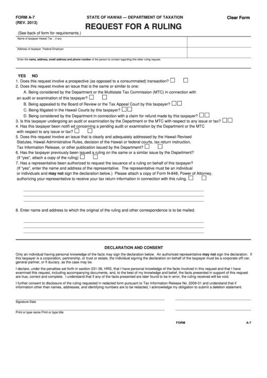 Fillable Form A-7 - Request For A Ruling Printable pdf