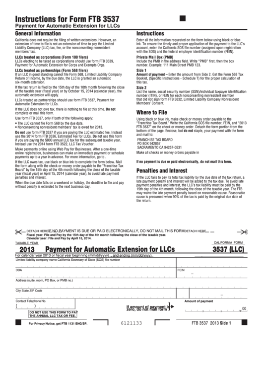California Form 3537 - Payment For Automatic Extension For Llcs - 2013 Printable pdf