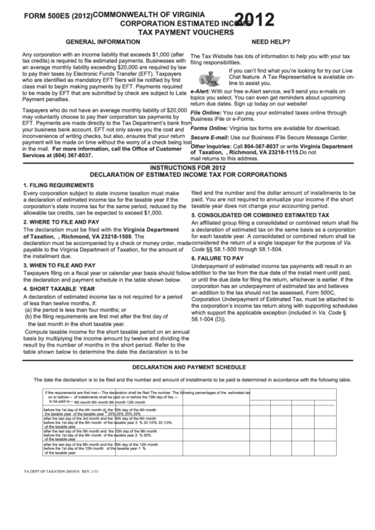 Form 500es - Commonwealth Of Virginia Corporation Estimated Income Tax Payment Vouchers - 2012 Printable pdf