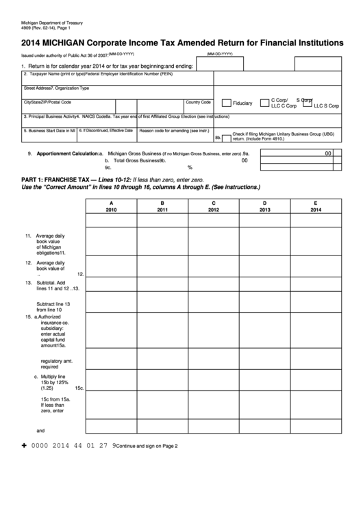 Form 4909 - Michigan Corporate Income Tax Amended Return For Financial Institutions - 2014 Printable pdf