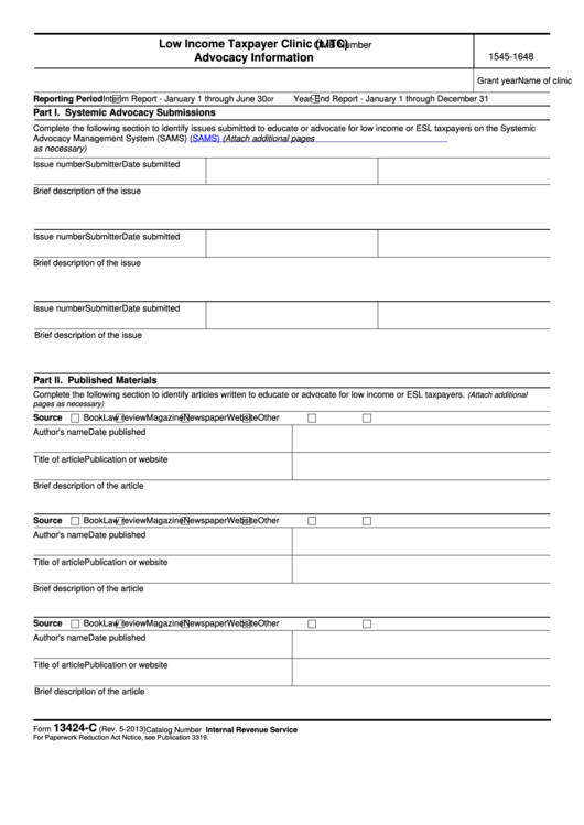 Fillable Form 13424-C - Low Income Taxpayer Clinic (Litc) Advocacy Information Printable pdf