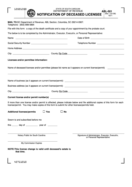 Form Abl-501 - Notification Of Deceased Licensee Printable pdf