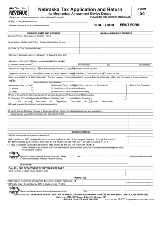 Fillable Form 54 - Nebraska Tax Application And Return For Mechanical Amusement Device Decals Printable pdf