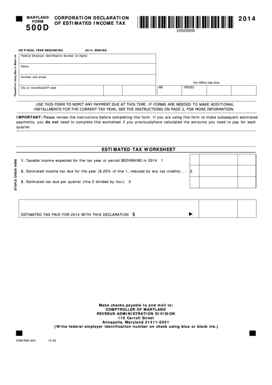 Fillable Maryland Form 500d - Corporation Declaration Of Estimated Income Tax - 2014 Printable pdf
