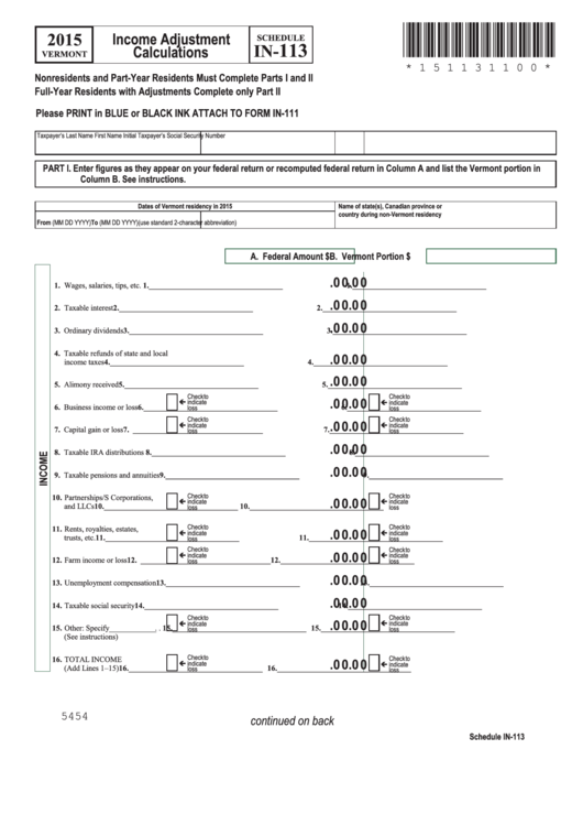 Fillable Schedule In-113 - Vermont Income Adjustment Calculations - 2015 Printable pdf