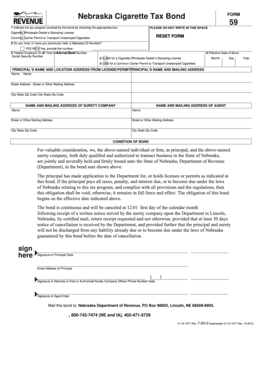 Fillable Form 59 - Nebraska Cigarette Tax Bond Printable pdf