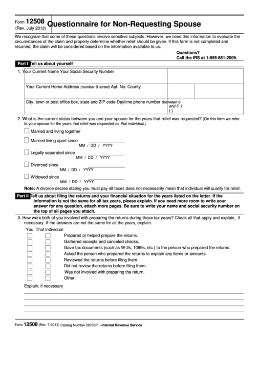 Fillable Form 12508 - Questionnaire For Non-Requesting Spouse Printable pdf