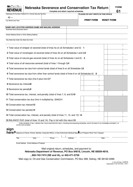 Fillable Form 61 - Nebraska Severance And Conservation Tax Return Printable pdf