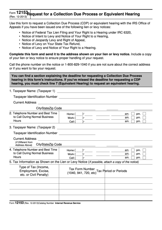 Fillable Form 12153 - Request For A Collection Due Process Or Equivalent Hearing Printable pdf