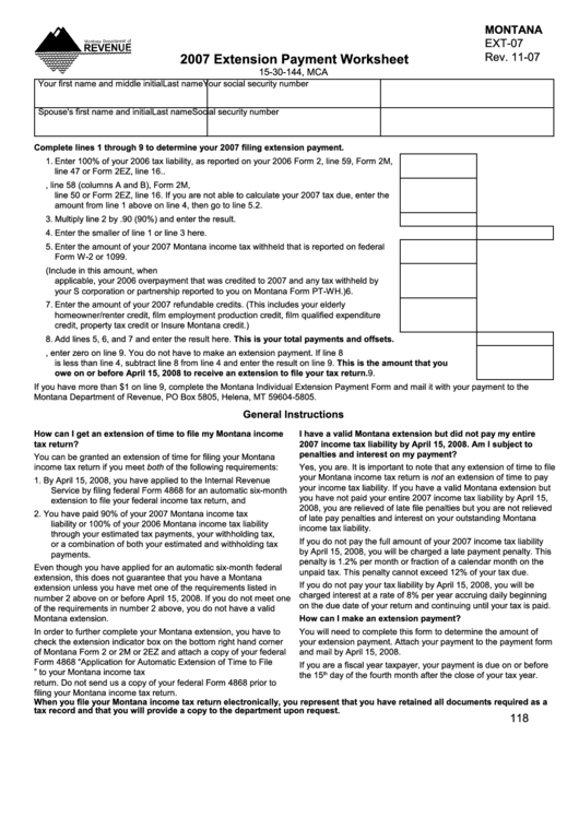 Fillable Montana Form Ext-07 - Extension Payment Worksheet - 2007 Printable pdf