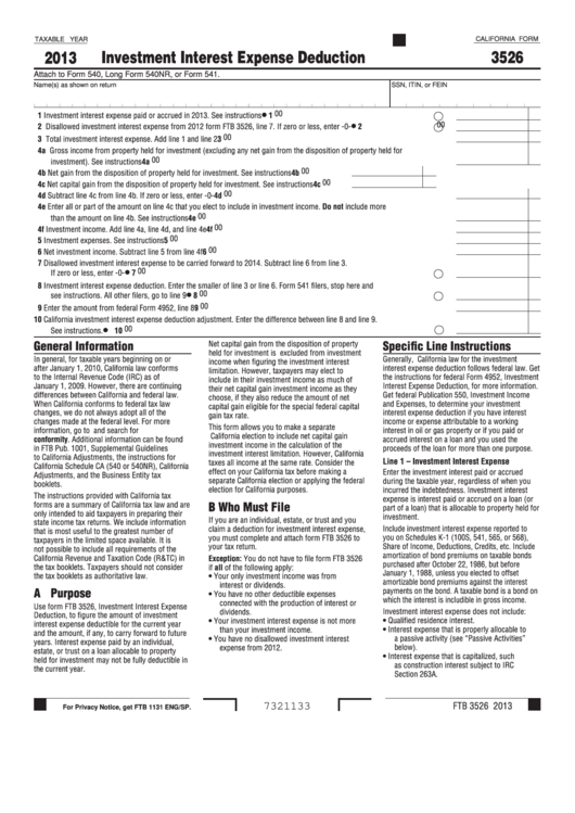 Fillable California Form 3526 - Investment Interest Expense Deduction - 2013 Printable pdf