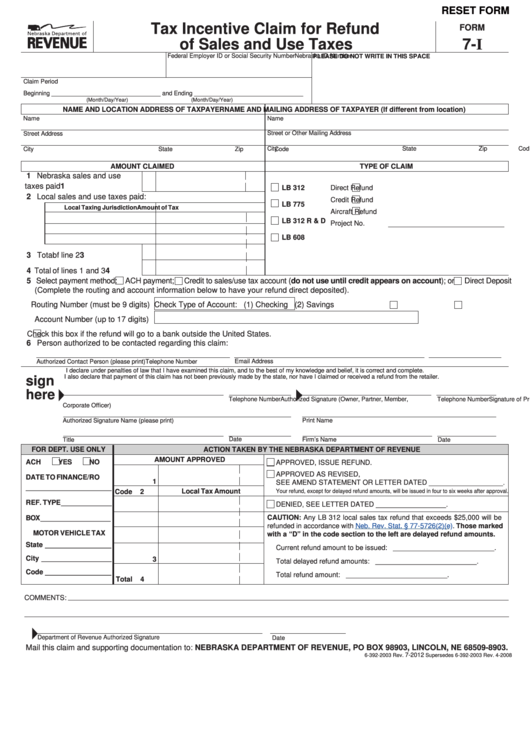 Fillable Form 7-I - Tax Incentive Claim For Refund Of Sales And Use Taxes Printable pdf